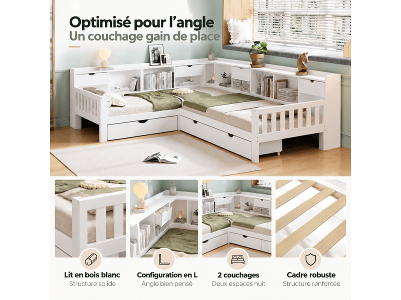 Lit enfant en l 90 x 200 cm avec 2 couchages, étagères, tiroirs et rangements intégrés, bois massif et mdf - blanc OMNIGLINT TRADING LTD - Conforama E