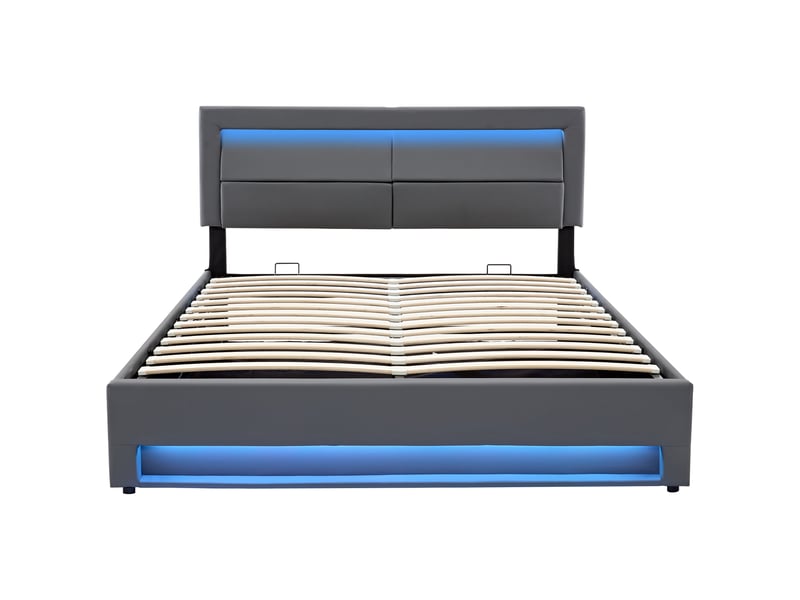  Lit adulte 160x200cm,lit coffre en pu avec connexion usb(supporte le chargement sans fil et filaire) et lumière led,gris lit adulte gris - Conforama A