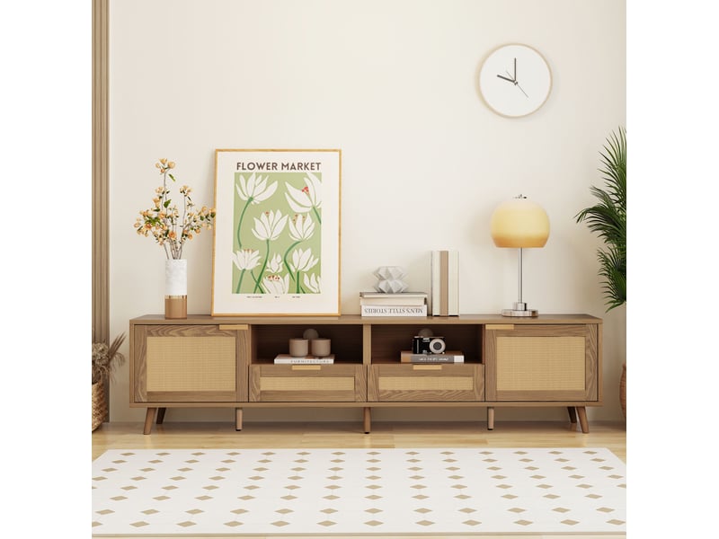  Meuble tv modenvie en chêne 200 x 37 x 49 cm avec 2 tiroirs et rotin plastique  - Conforama D