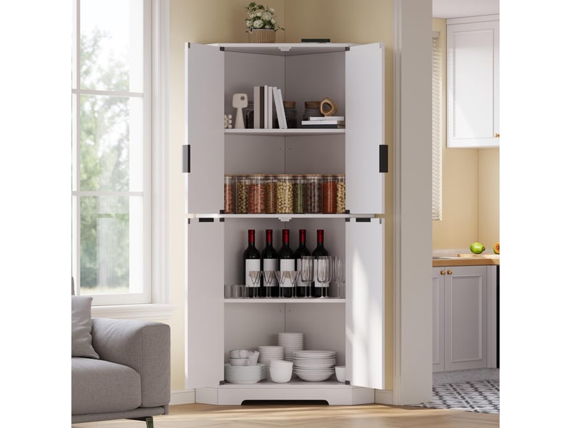  Buffet d'angle - 60x60x172cm - armoire colonne avec 4 portes cannelées ondulées, étagères réglables, anti-basculement - blanc  - Conforama C