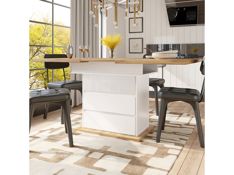 Table de salle à manger extensible avec rangement et fermeture douce 110-140×80×75 cm en mdf blanc naturel - Conforama B