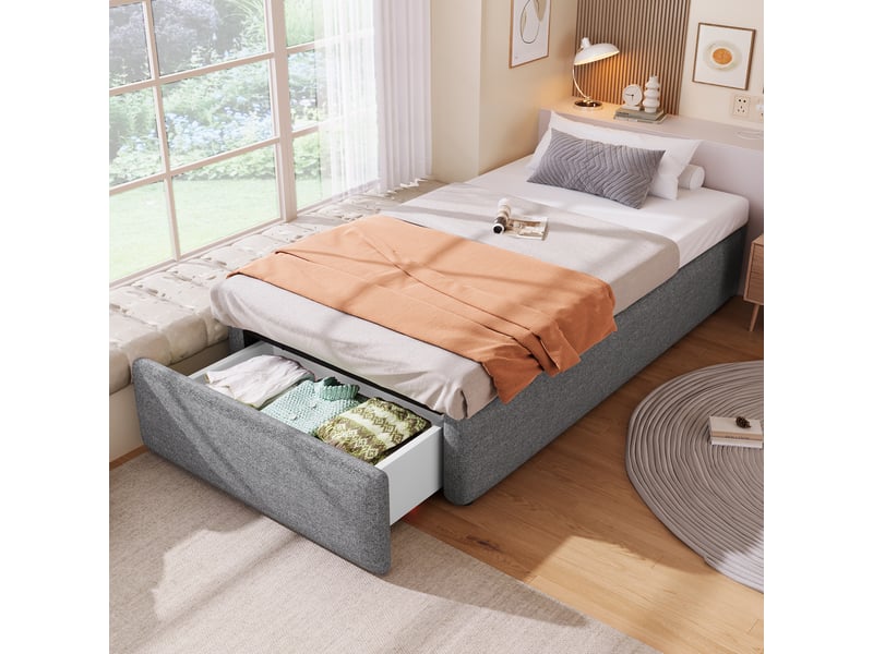  Lit capitonné 90*200cm gris, relevage hydraulique, un tiroir, sans matelas, sans tête de lit  - Conforama D
