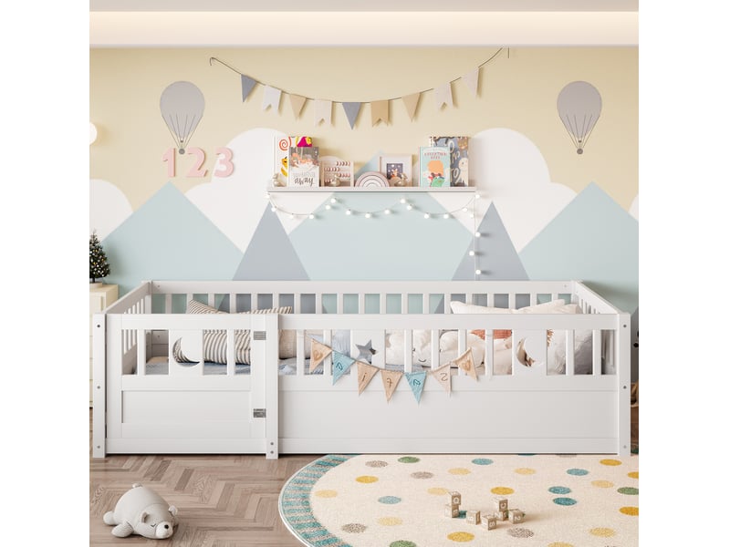  Lit enfant à barrières 90x190 cm en pin blanc avec étoiles et lune  - Conforama B