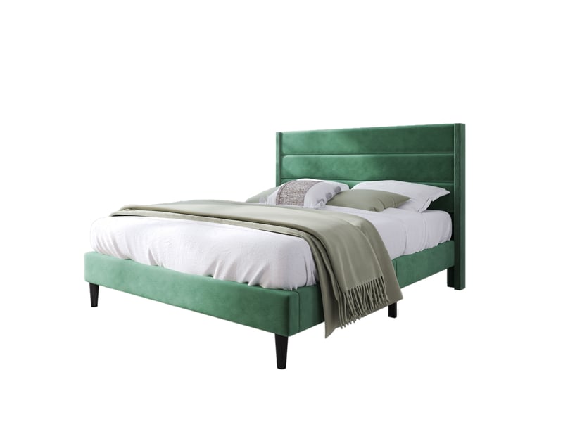  Modenvie lit double rembourré 140x200 cm - velours, tête de lit capitonnée, sommier et matelas inclus - vert  - Conforama A