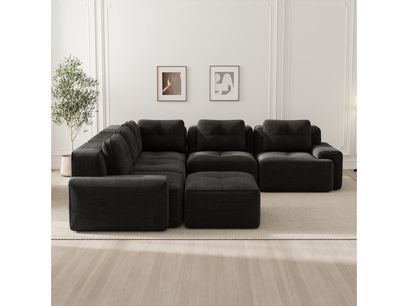  Canapé d’angle modulable 295x295x69 cm, 5 places, revêtement velours côtelé noir, siège profond, couleur antidérapante  - Conforama D