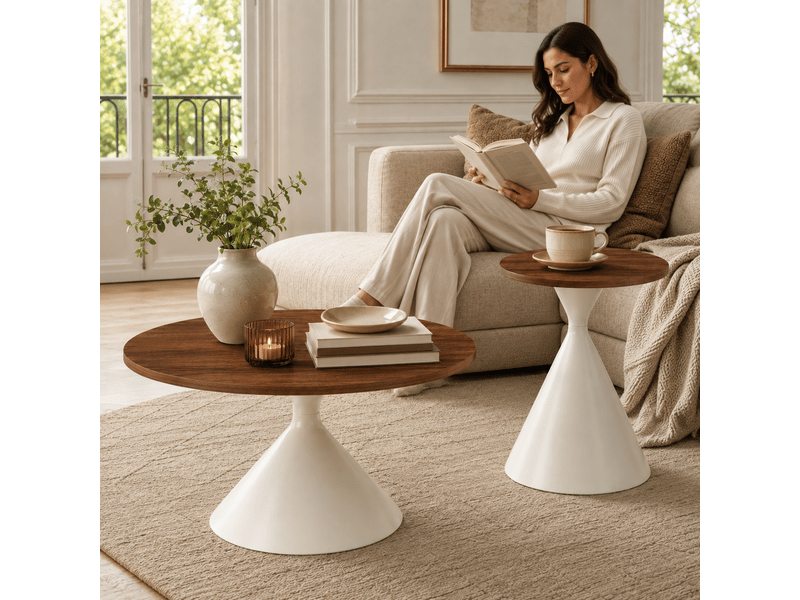  Lot de 2 tables basses rondes, plateau effet noyer chaleureux, pied en acier carbone blanc crème, ø7050 cm, design conique.  - Conforama D
