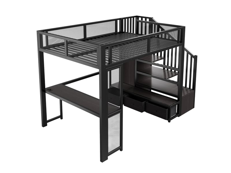 Lit mezzanine enfant 140x200 cm en métal avec bureau, escalier avec rangements, 3 tiroirs, led, dressing ouvert et prise usb - noir - Conforama E