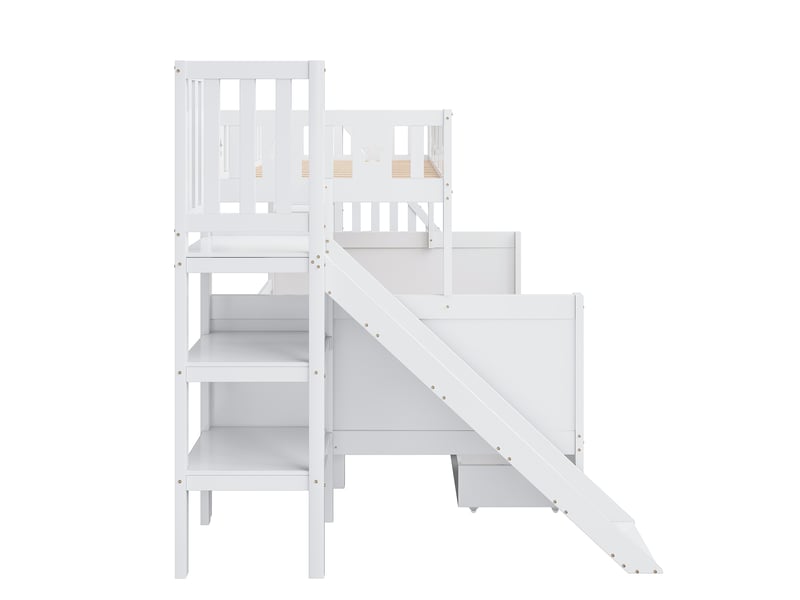  Lit superposé avec toboggan et tiroirs de rangement, lit enfant bois massif blanc 90x200 et 140x200 cm, sommier à lattes inclus  - Conforama D