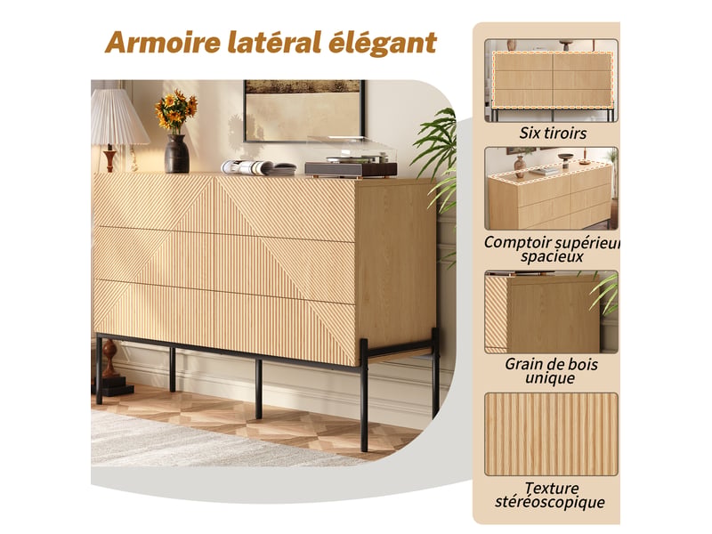 Buffet bas 6 tiroirs – mdf naturel à relief géométrique – 115,5 x 38 x 75 cm - Conforama E