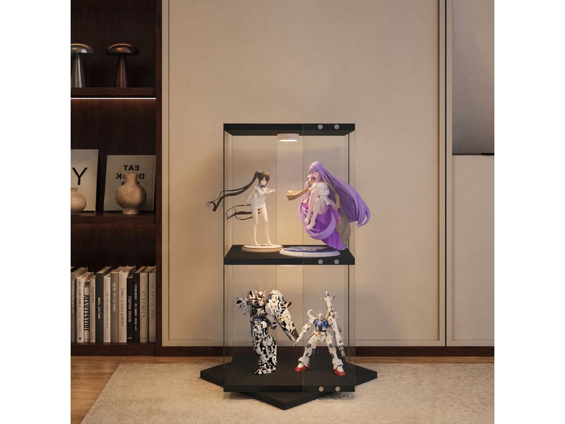  Vitrine en verre avec éclairage,rotation à 360°,82 x 38 x 38 cm,à deux niveaux,noir  - Conforama D