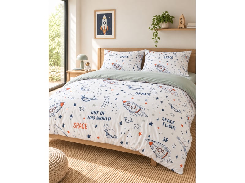  Parure de lit enfant 240 x 220 cm + 2 taies d’oreiller 100% coton imprimé galaxie 15079 - Conforama A