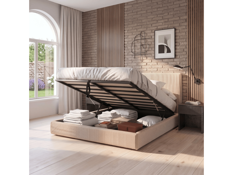  Lit coffre ouverture latérale et frontale 200x200 cm – tête de lit incluse – tissu mesh 3d beige C02-LTC51-P 200/200 3DBE - Conforama B