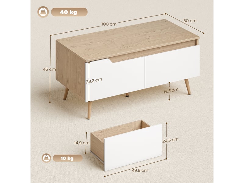  Table basse rectangulaire, table de salon moderne avec 2 tiroirs, 5 pieds en bois de pin, 100x50x46cm, chêne et blanc  - Conforama C