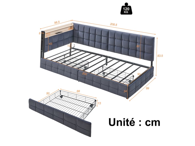  Canapé convertible lit simple avec 2 tiroirs, éclairage à couleurs variables et prises usb, tissu gris  - Conforama D