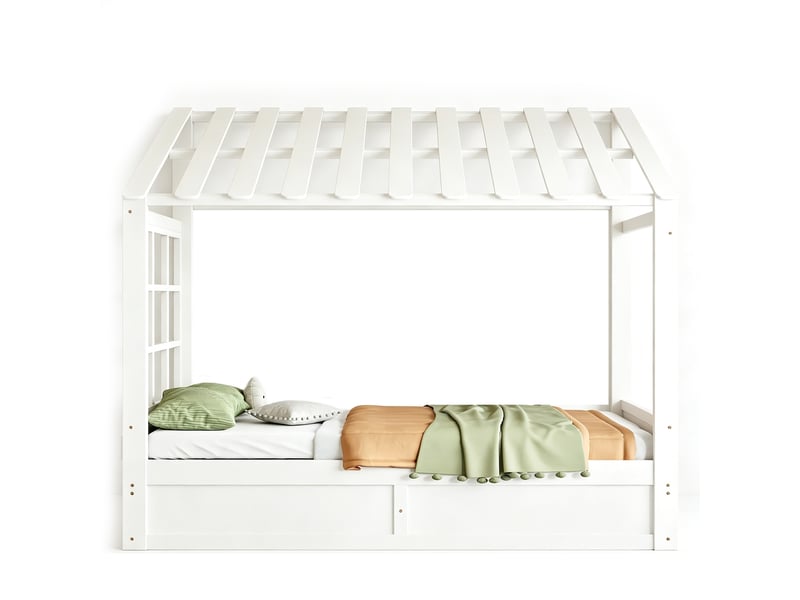  Lit coffre enfant 90x200 cm - lit avec rangement hydraulique et rangements latéraux - structure maison en bois - blanc  - Conforama A