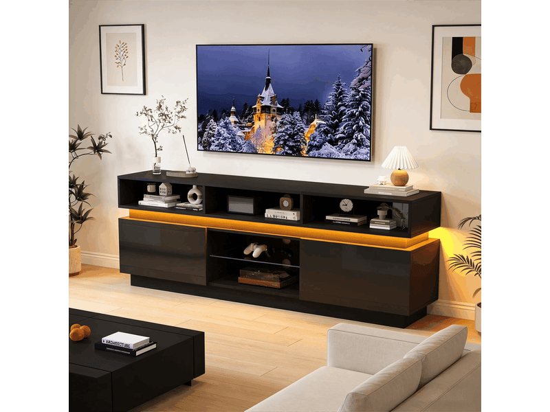  Meuble tv led 160x35x60 cm noir brillant plateau en verre trempé 10 rangements mdf pour tv 60 pouces salon moderne compact chic  - Conforama D