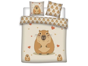 Parure de lit capybara love – réversible – 240x220 cm + 2x65x65 cm – beige