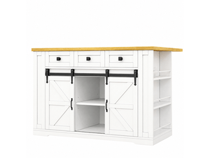 Îlot de cuisine mobile blanc et bois naturel en mdf, plateau rabattable, prise intégrée, roulettes, 130 × 50 (80) × 87 cm