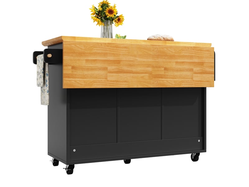 Îlot de cuisine 140x45(73)x93 cm avec 5 tiroirs et plateau pliable, bois et noir - Conforama D