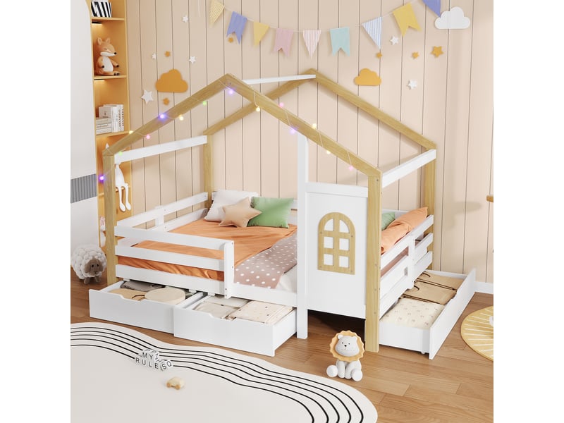 Lit pour enfant en forme de maison 120 x 200 cm - avec 3 tiroirs - garde-corps de sécurité - guirlande lumineuse à disposition libre - blanc + naturel - Conforama B
