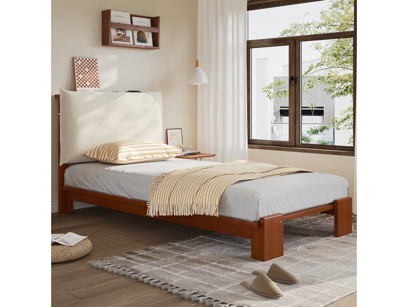  Lit simple 90x200 cm tête de lit rembourrée, lattes stables en pin coloris marron foncé  - Conforama D