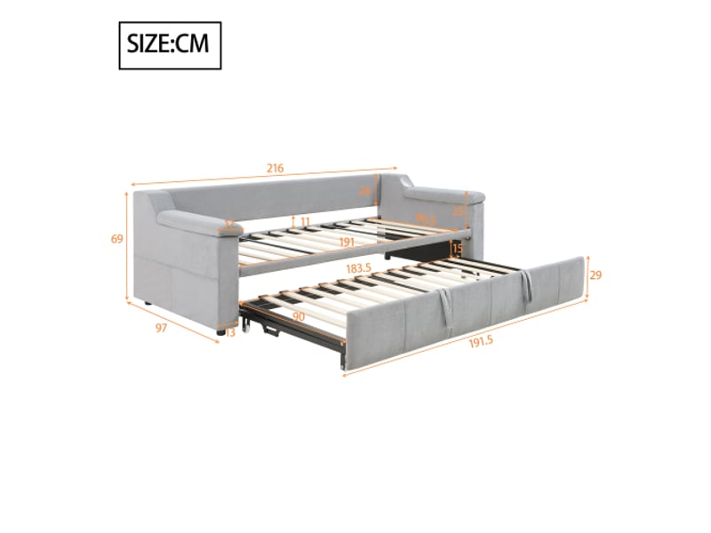  Lit gigogne 90x190 cm, lit enfant avec accoudoirs, système stéréo bluetooth et prise usb, tissu en velours gris, sans matelas  - Conforama D