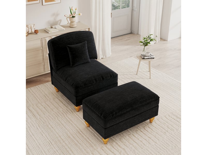  Fauteuil avec pouf avec housse à volants amovible, coussin mobile et assise profonde, en chenille noir  - Conforama C