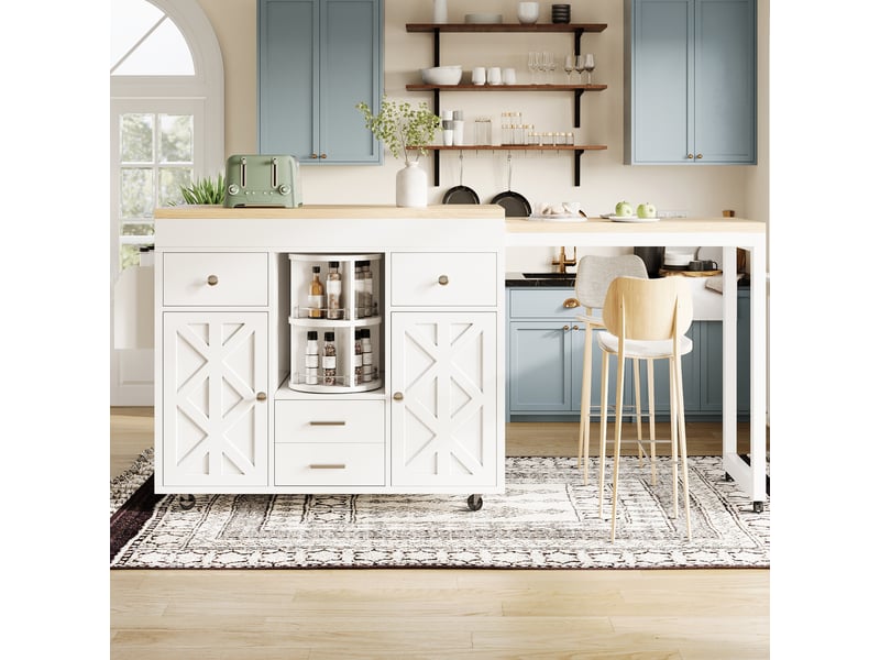 Table de bar extensible en mdf blanc, chariot de cuisine à roulettes avec plateau réglable 110-180 cm et rangements, pour salle à manger - Conforama R