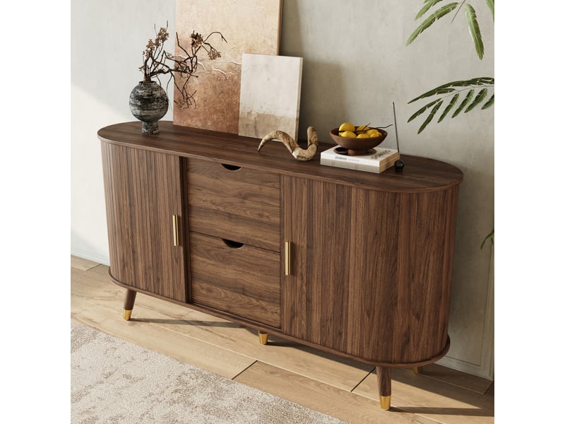  Buffet à grain vertical, 2 tiroirs, 2 portes coulissantes, pieds en bois massif et meuble d'angle arrondi pour le salon, buffet  - Conforama R