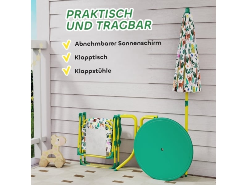  Ensemble table et chaises enfant 4 pièces, 2 chaises pliantes, parasol amovible, vert  - Conforama E