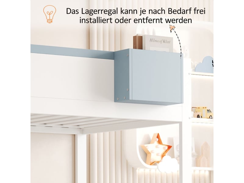  Lit superposé 90x200 avec escalier rangement et tiroirs - lit superposé enfant - motif lapin, étagère, blanc et bleu  - Conforama D