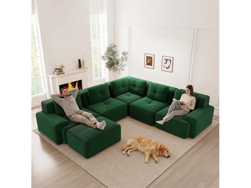  Canapé d’angle modulaire 5 places en velours côtelé vert 295x295 cm  - Conforama E