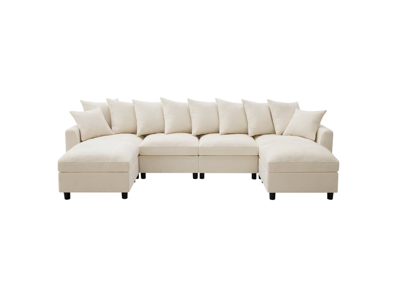 Canapé d’angle modulable ul beige 6 places avec 2 poufs, ports usbtype-c, 8 coussins réglables et chenille gaufrée  - Conforama A
