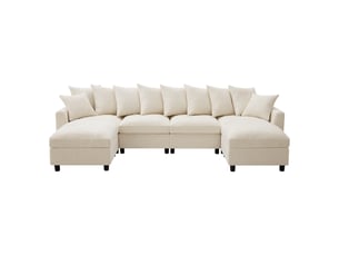 Canapé d’angle modulable ul beige 6 places avec 2 poufs, ports usbtype-c, 8 coussins réglables et chenille gaufrée