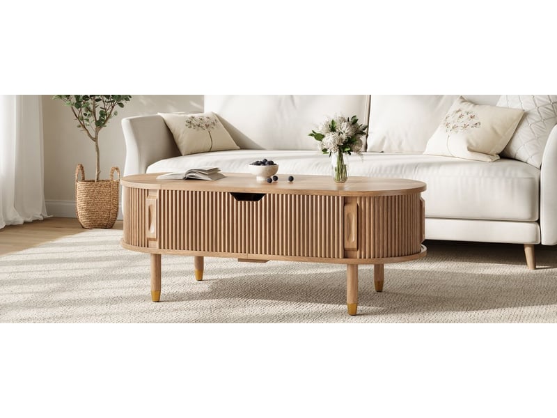  Table basse avec rangement intégré structure en mdf pieds en bois d’hévéa façade rainurée porte coulissante  - Conforama B