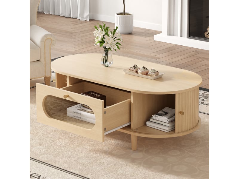  Table basse de salon en bois mdf avec tiroir et porte coulissante, 100x50x36 cm  - Conforama C
