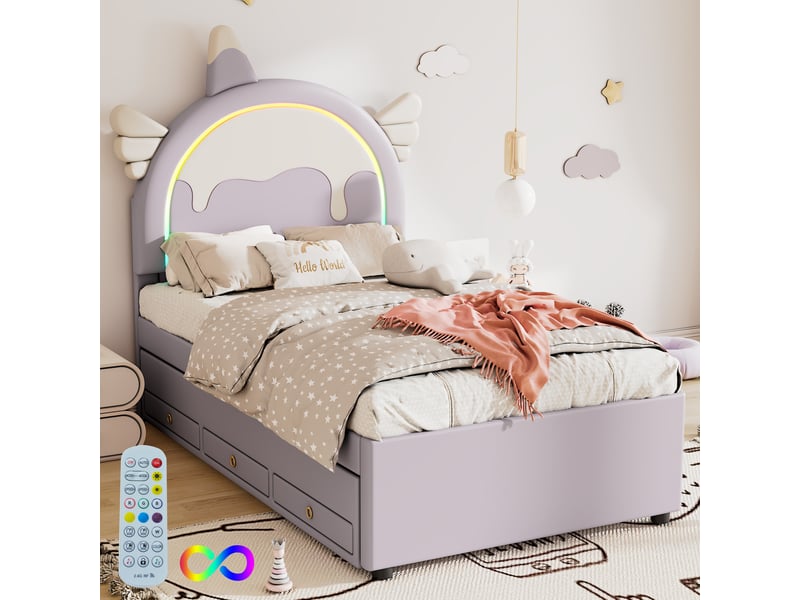  Lit gigogne 90x200 cm - lit enfant licorne avec lit gigogne - pu + mdf - sans matelas - violet  - Conforama E