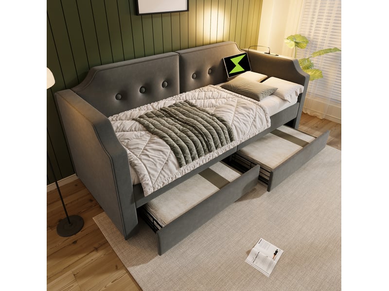  Lit banquette 90x200 cm en velours gris avec 2 tiroirs, usb type-c et liseuse  - Conforama D