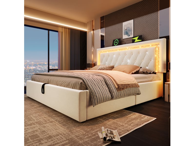  Lit coffre 2 places 160x200 cm, beige, matelas inclus, usb et type-c, en velours doté de led intégré  - Conforama D