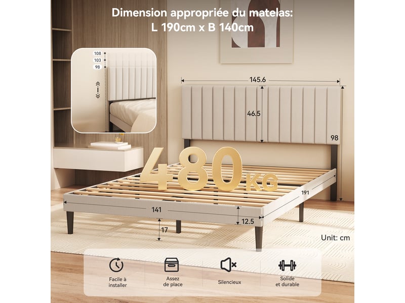  Lit 140 x 190 avec sommier,cadre de lit en métal robuste et durable, lattes en bois,lin beige  - Conforama D