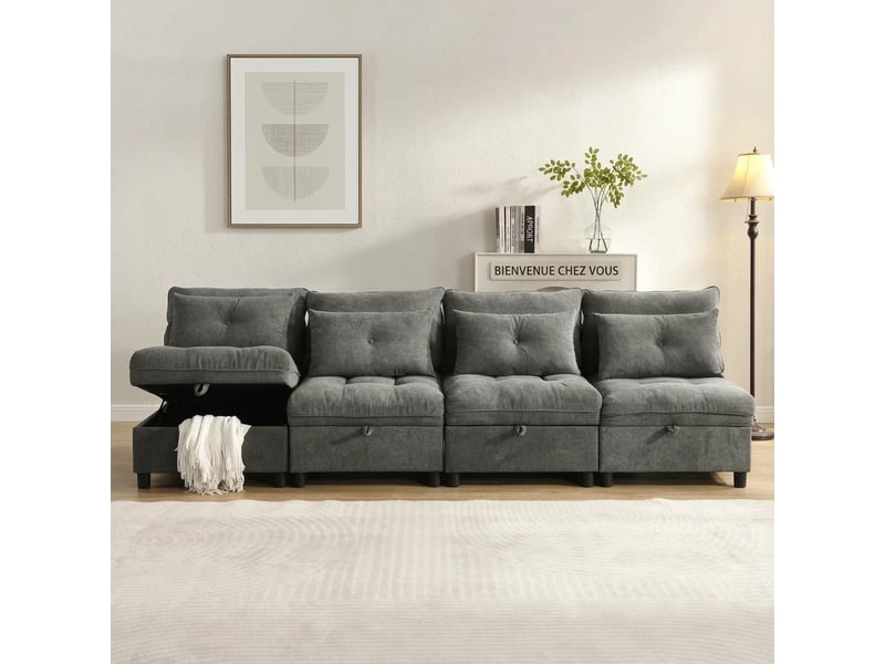  Canapé modulable 4 places avec rangement et fonction convertible gris antique  - Conforama C
