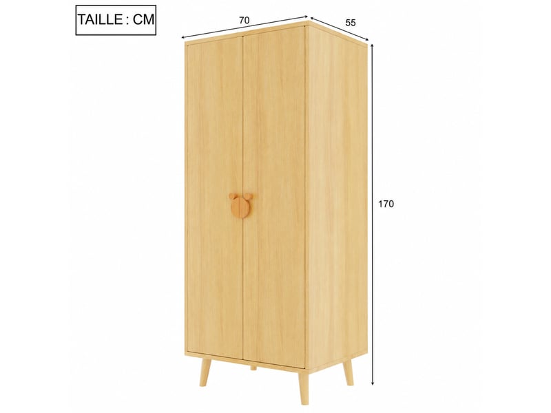  Armoire 2 portes avec poignées fantaisie et pieds surélevés pour chambre d'enfant en mdf 70×55×170 cm bois naturel  - Conforama E