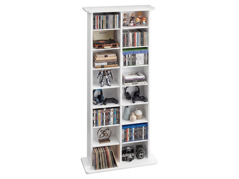 Vevor bibliotheque etagere, meuble de rangement multimedia a 8 niveaux, 559x222x1295 mm, armoire biblio pour cd, dvd, livres, jeux, collections, etageres reglables pour bureau, chambre, salon, blanc  - Conforama A