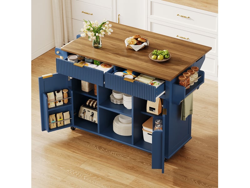  Desserte de cuisine à roulettes avec 2 portes, 2 tiroirs et plateau rabattable, bleu et marron, 143 × 45 × 89,5 cm  - Conforama B