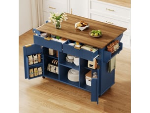 Desserte de cuisine à roulettes avec 2 portes, 2 tiroirs et plateau rabattable, bleu et marron, 143 × 45 × 89,5 cm