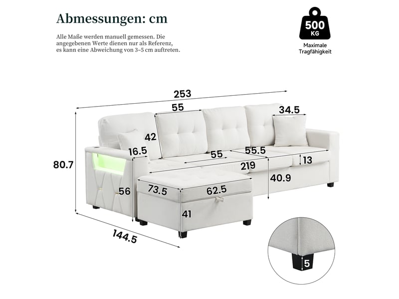 Canapé d'angle modulable en l 4 places 253 cm avec pouf coffre mobile, rangements dans les accoudoirs, ports usb-c et led, tissu effet lin beige OPULERANE TRADING LTD - Conforama C