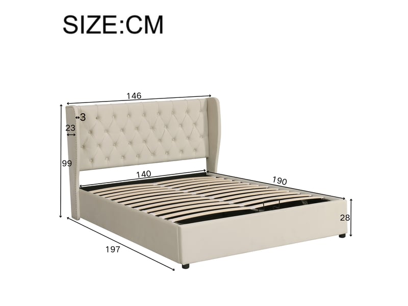  Lit coffre rembourré 140 x 190 cm en velours beige, tête de lit à oreilles capitonnée, sommier à lattes 3068012AAC - Conforama C