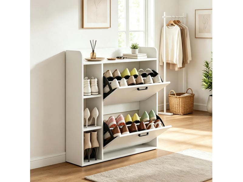  Meuble à chaussures blanc 83 x 24 x 90,5 cm, 2 abattants, jusqu'à 15 paires  - Conforama D