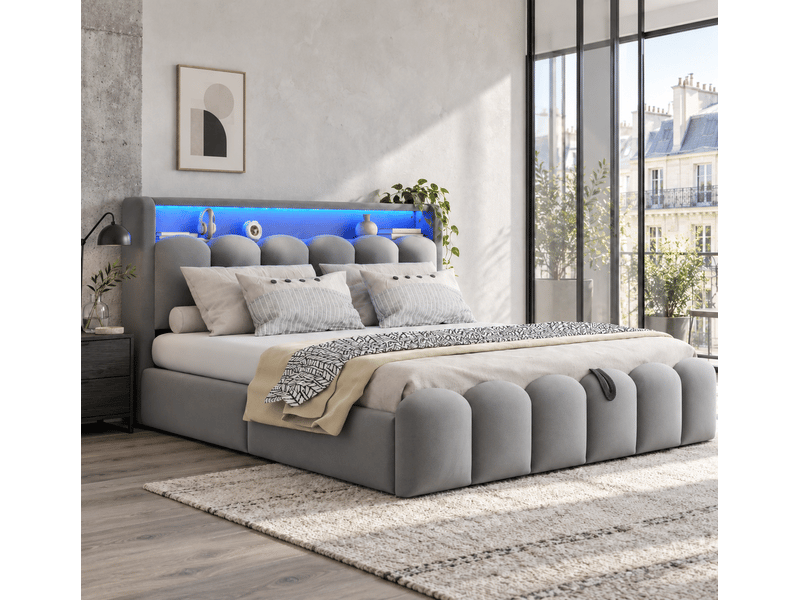 Lit double 180x200 cm avec coffre hydraulique et rangement en tête, led multicolore par qr code, usb et type-c, tête fleurie, velours, gris - Conforama B