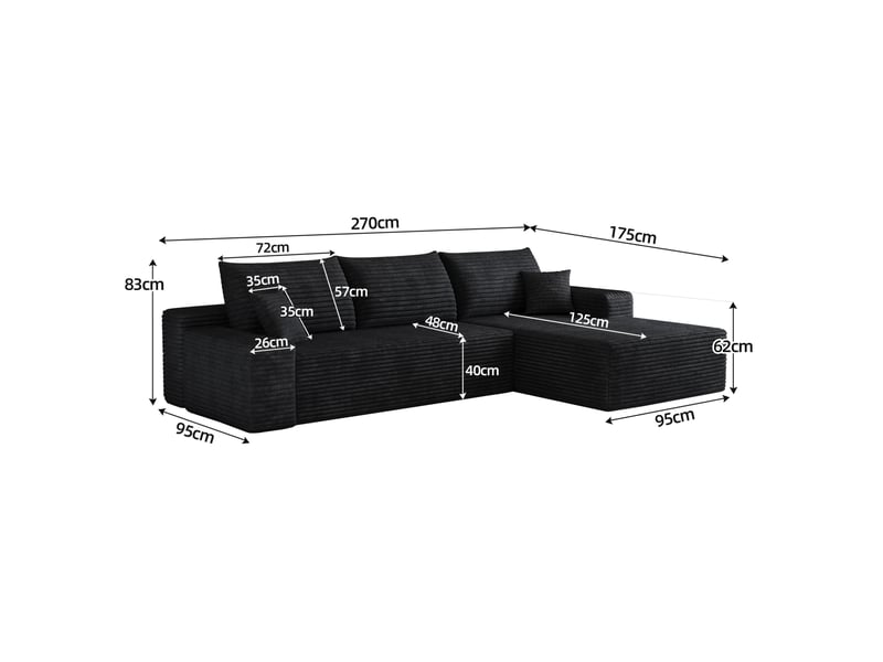 Canapé d’angle modulaire 3 places avec chaise longue en tissu côtelé noir - 270 cm - Conforama E
